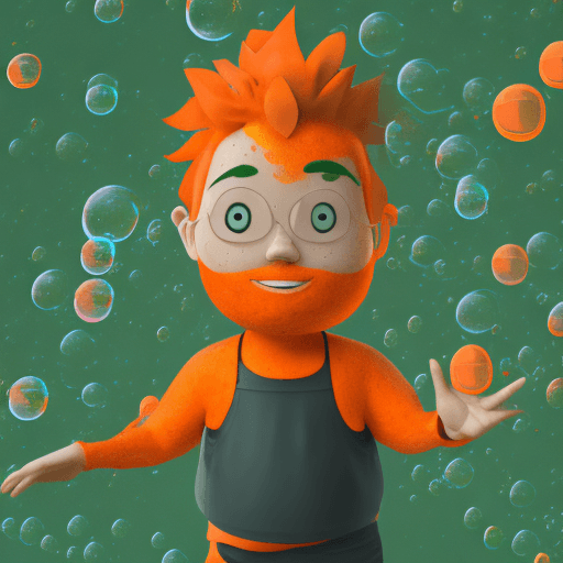 AI generated: a human with orange hairs and clothes, with bubbles on the clothes and with a green leaf on the head