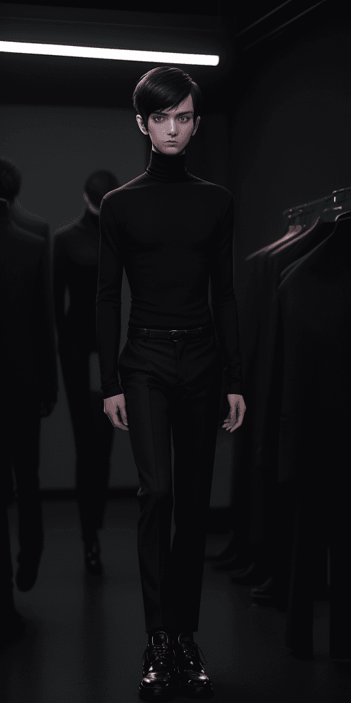 AI generated: [[[((clothing with the smallest details)), a short-haired young man in a classic black turtleneck wi...