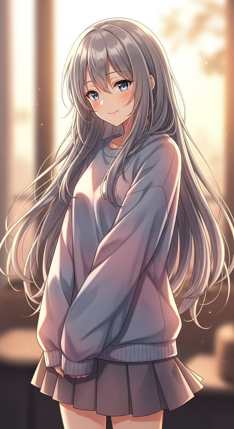 AI generated: semi-realistic anime girl with long fluffy silver hair, oversized pastel sweater, pleated skirt, war...