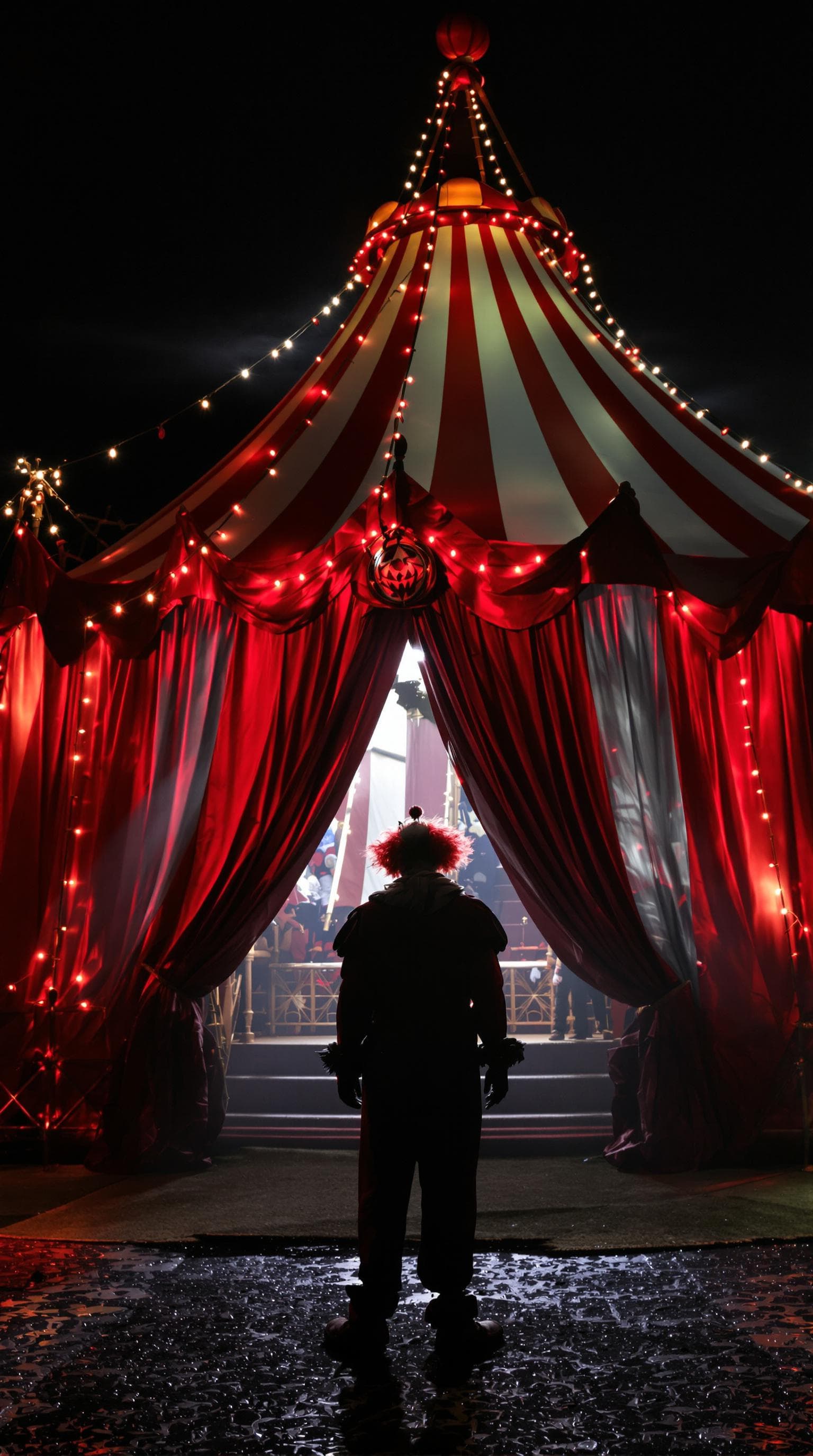 AI generated: A evil clown standing in front of the circus tent at night, highres, realistic photo, professional p...