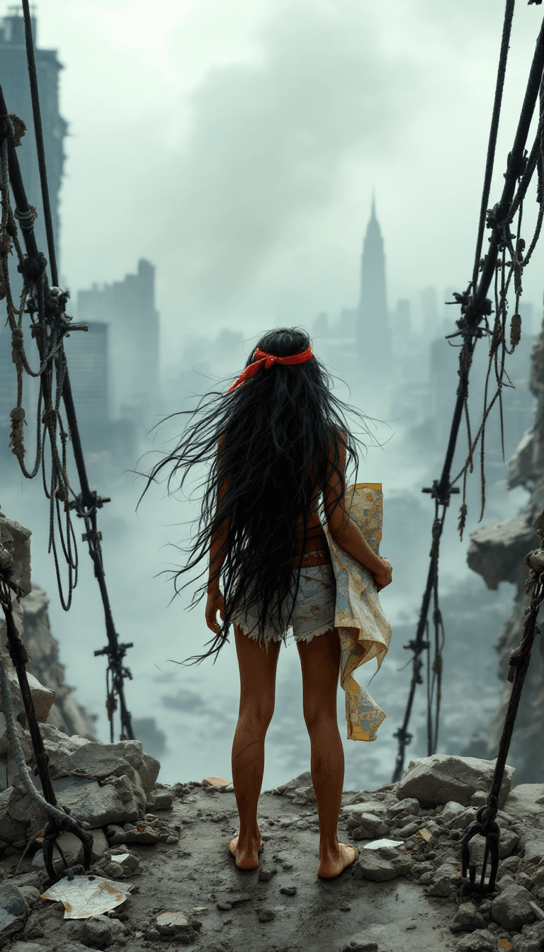 AI generated: Full body view of Moana, 18 years old, long black hair tangled with debris, wearing red bandana, bar...