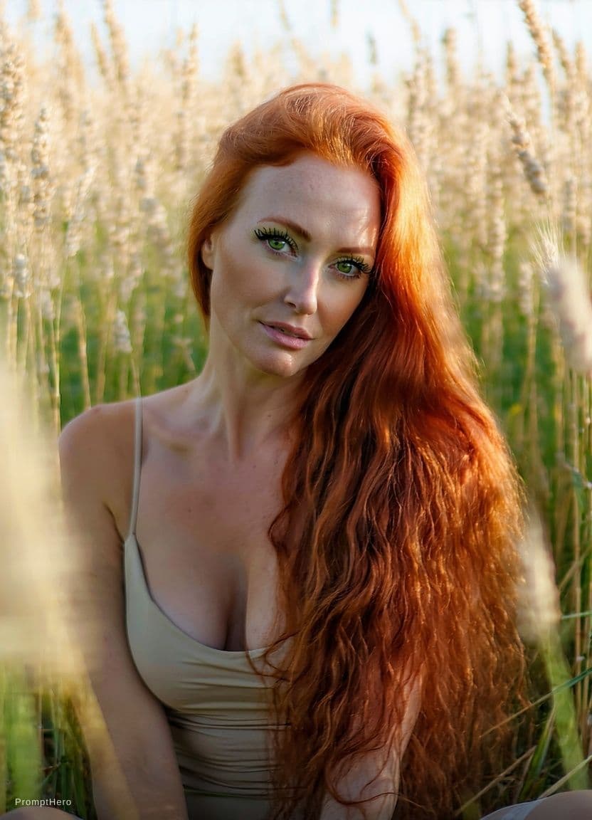 AI generated: A photorealistic portrait of a woman with vibrant, fiery red, wavy hair, seated in a field of tall g...