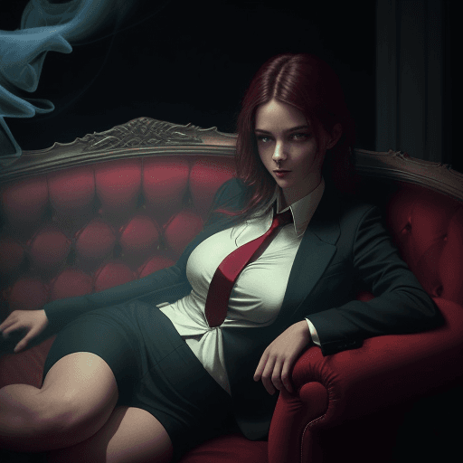 AI generated: photography, dimly lit room with a hazy atmosphere, capturing a female figure lounging on a deep cri...