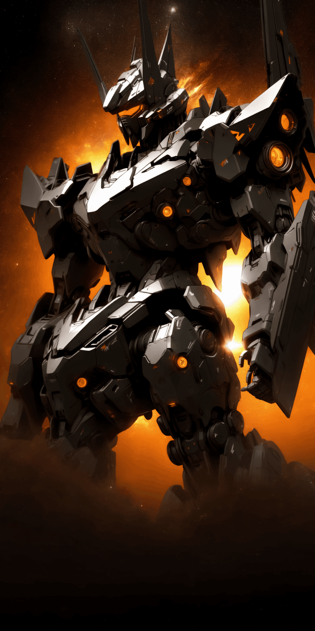 AI generated: giant mecha robot in the galaxy in defense mode with futuristic armors and wapons, the galaxy have t...