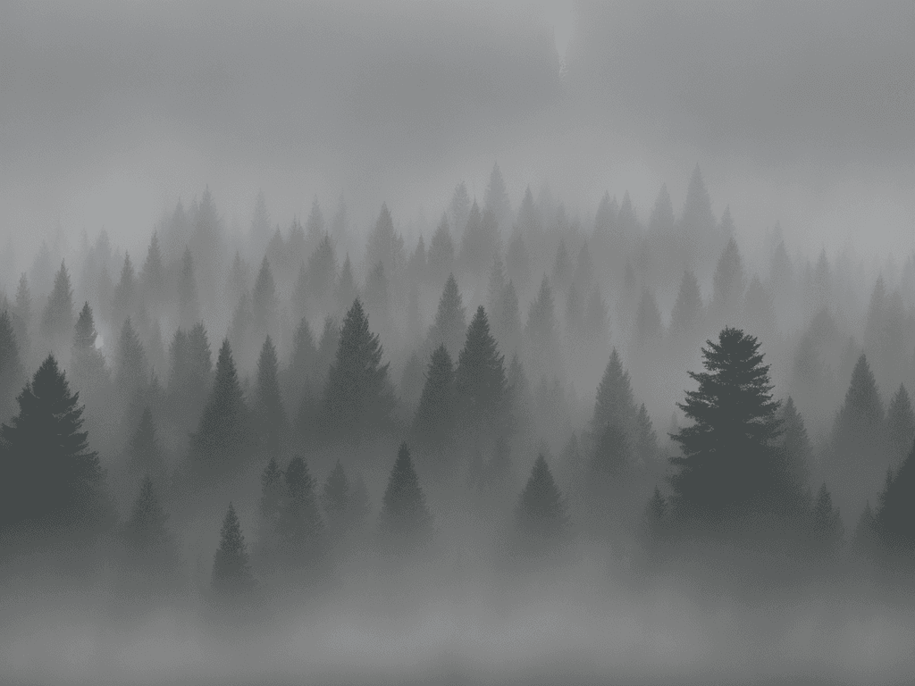 AI generated: The image depicts a dense forest with towering trees, their silhouettes stark against the misty veil...