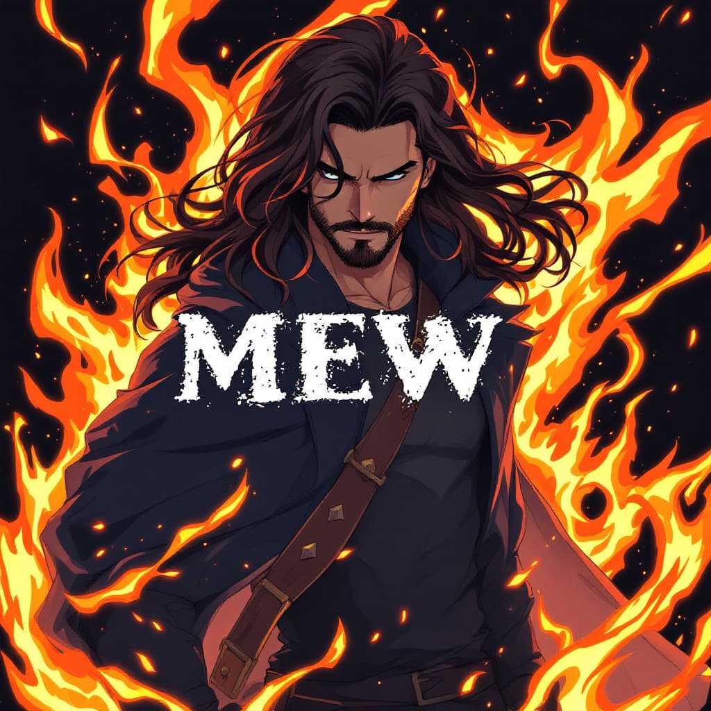 AI generated: A anime of a handsome man with long flowing hair and a short, well-groomed beard. The text MEW is wr...