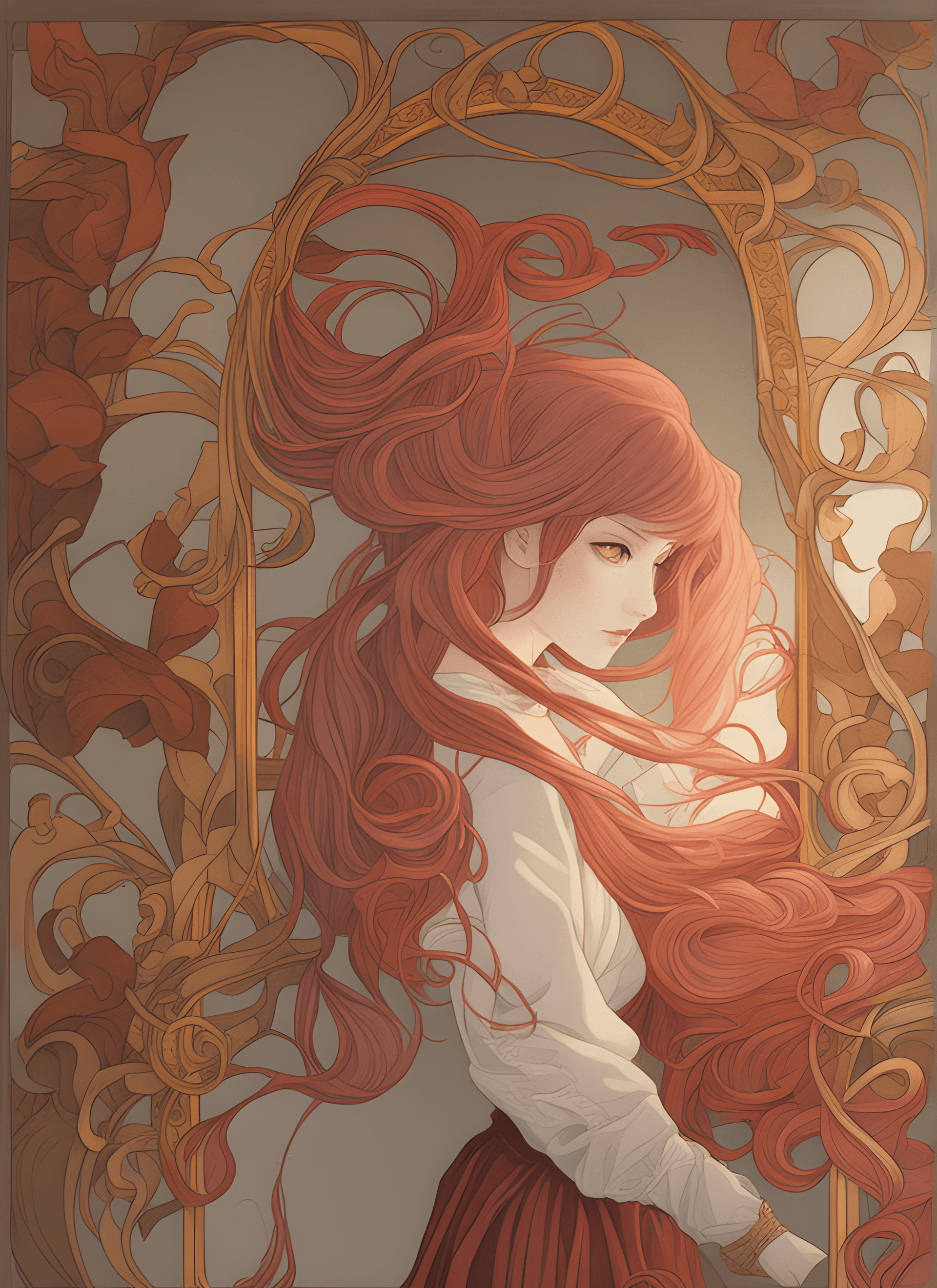 AI generated: painting of a woman with long red hair standing in front of a mirror, by Ayami Kojima, neo-rococo ex...