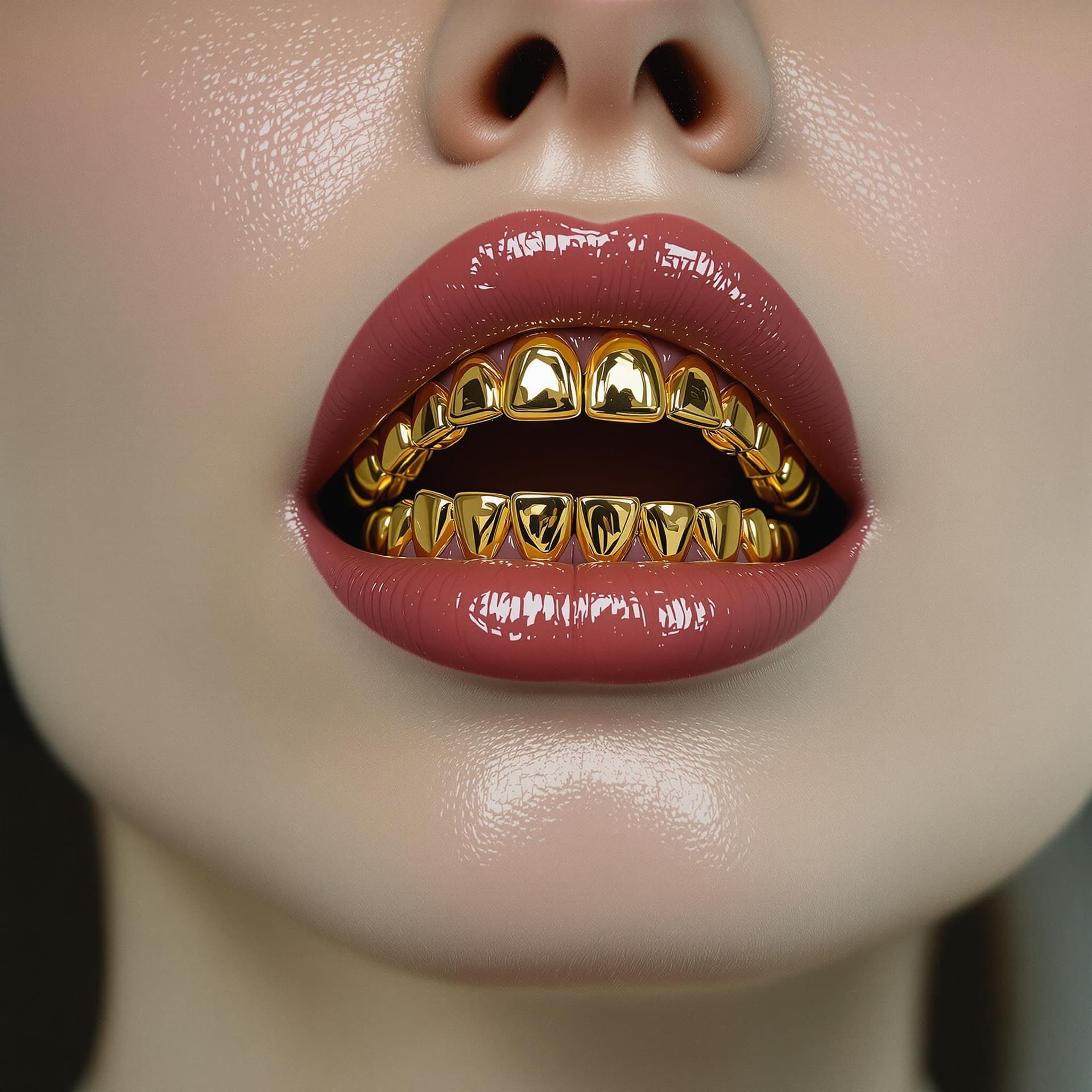 AI generated: a woman with a large jaw and gold teeth, in the style of futuristic minimalism, restrained forms, da...