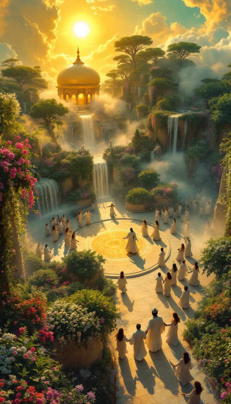 AI generated: Description: Temple surrounded by paradise—lush greenery, cascading flowers, glowing sky. The Young ...