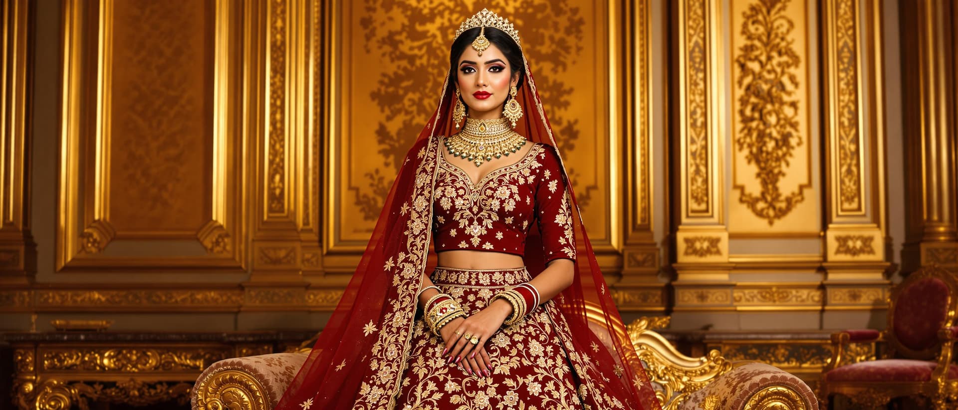 AI generated: A regal woman wearing a deep red lehenga with intricate floral embroidery and a high-neck, full-slee...
