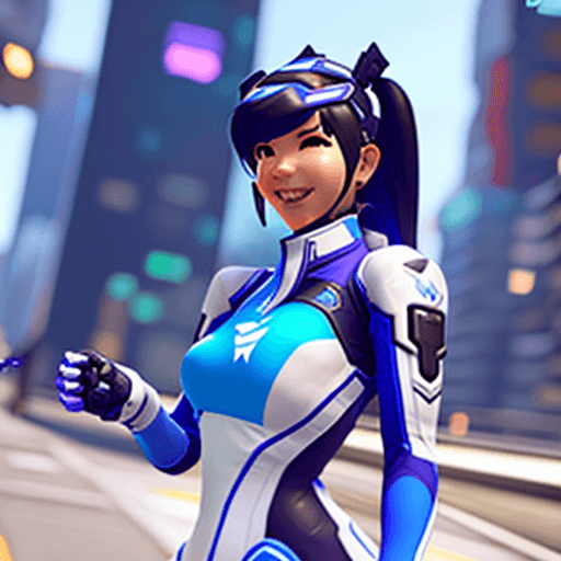 AI generated: Create an action shot of Dva from the Overwatch game, wearing a blue and white spandex bodysuit. She...