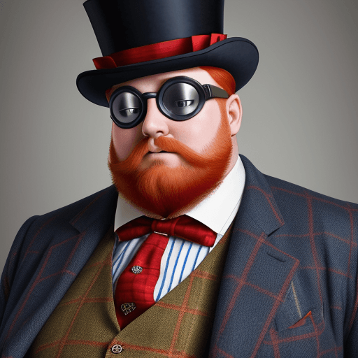 AI generated: A high definition photo of a fat victorian man with red hair and red beared in a blue tweed suit wit...