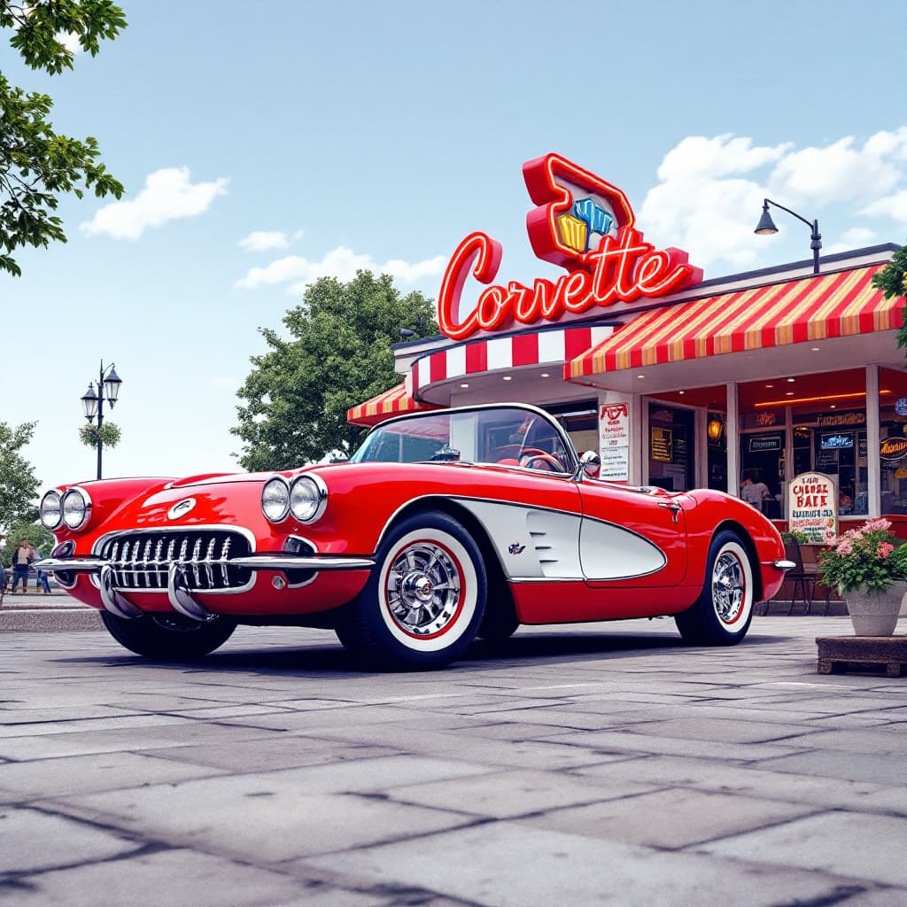 AI generated: classic American Chevrolet corvette convertible car outside of an 50s diner, high-resolution, high d...