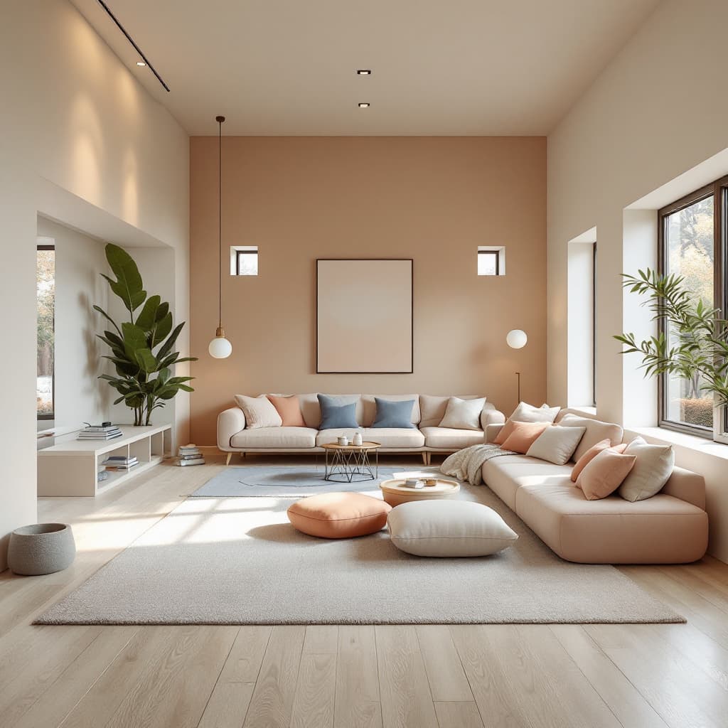 AI generated: High resolution photography interior design, dreamy sunken living room conversation pit, wooden floo...