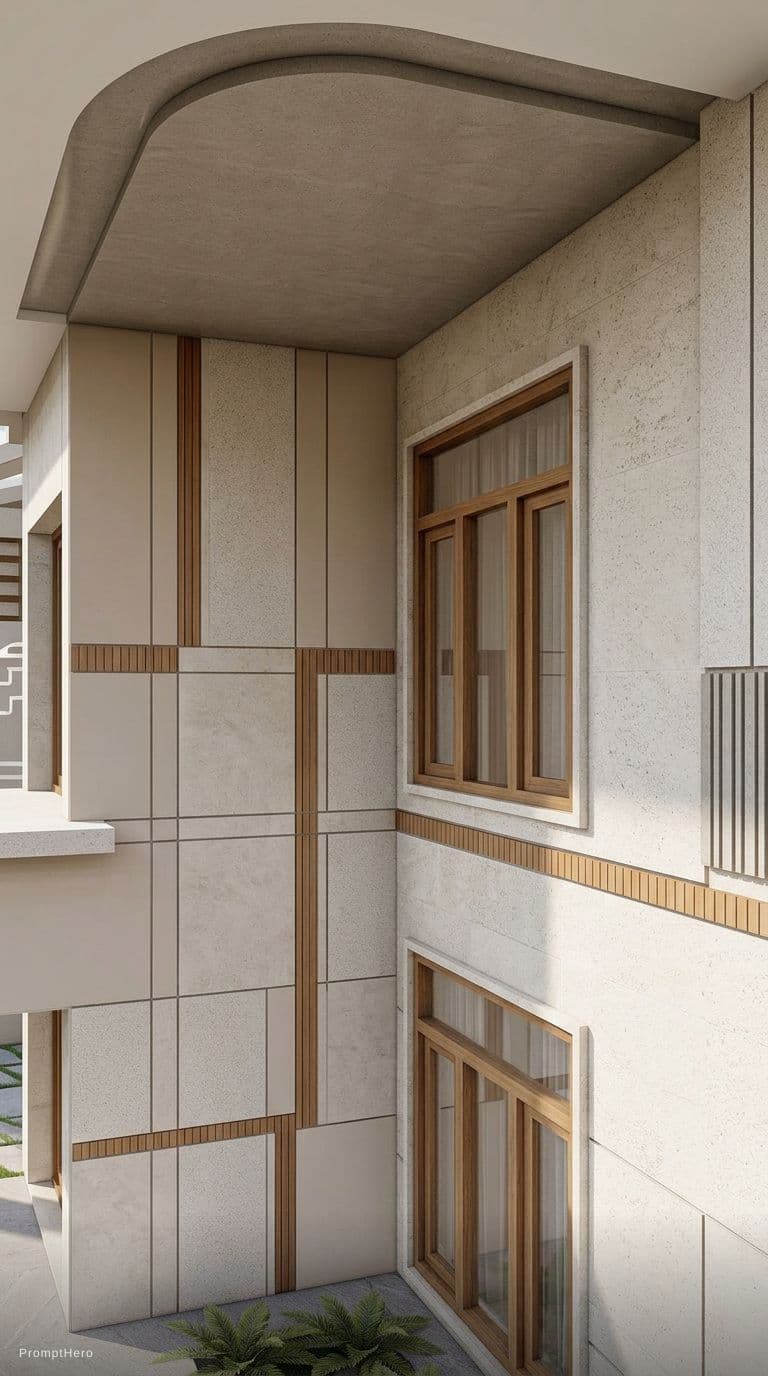 AI generated: Photorealistic modern exterior house wall paneling design applied only on the empty side wall of a c...