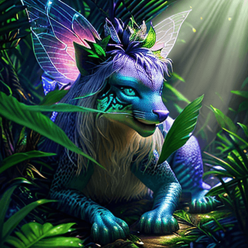 AI generated: fantasy animal in the jungle, closeup, ultra detailed, fairy lighting, photorealistic, bright colors...