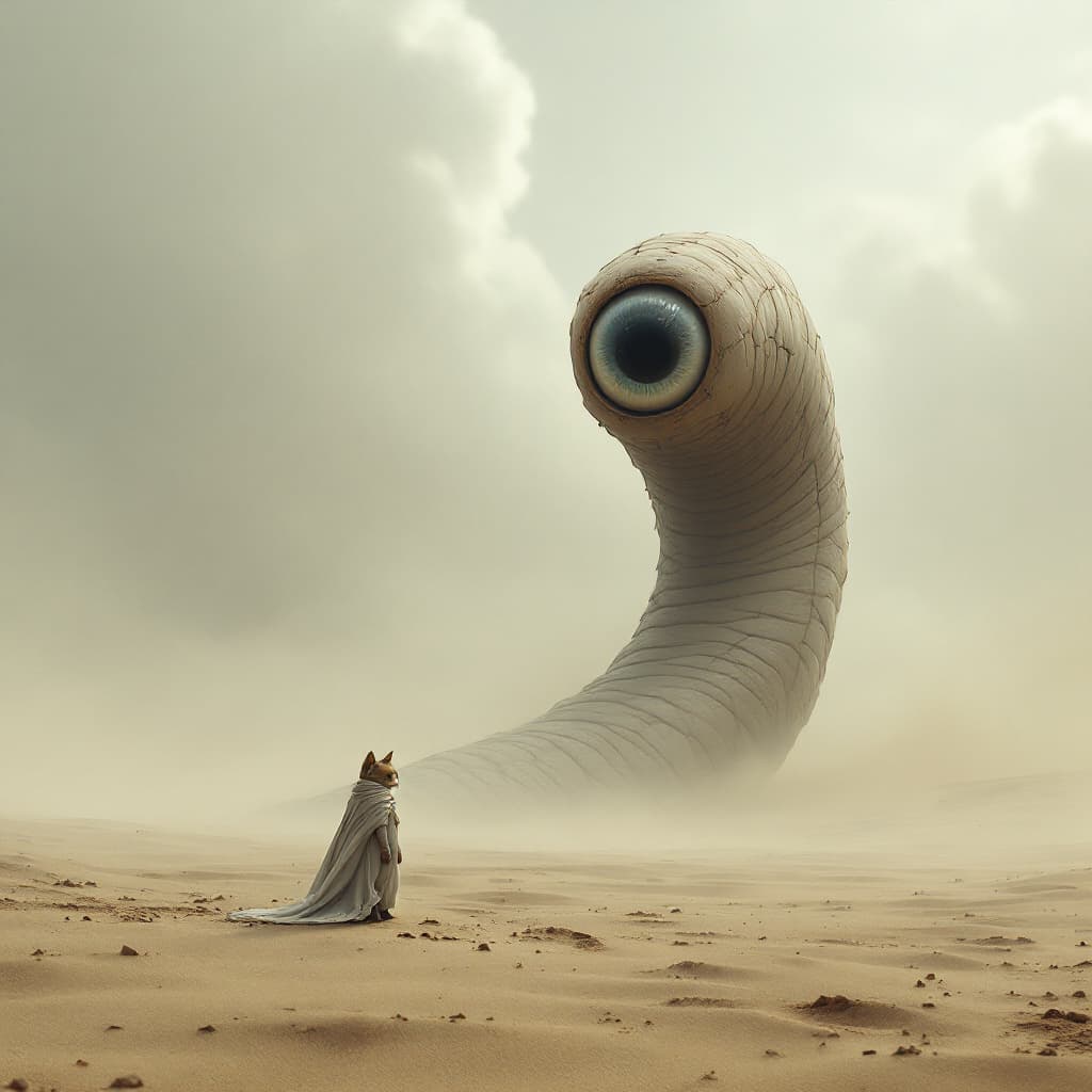 AI generated: a small cat wearing white line, standing, a giant sand worm with one large eye in the desert, in the...