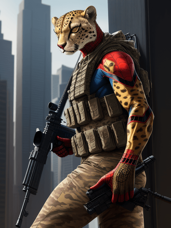 AI generated: Clever Spiderman cheetah wearing camouflage and sniper gear, holding a sniper rifle, anthropomorphic...