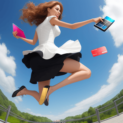 AI generated: a beutiful woman hold credit card and jump