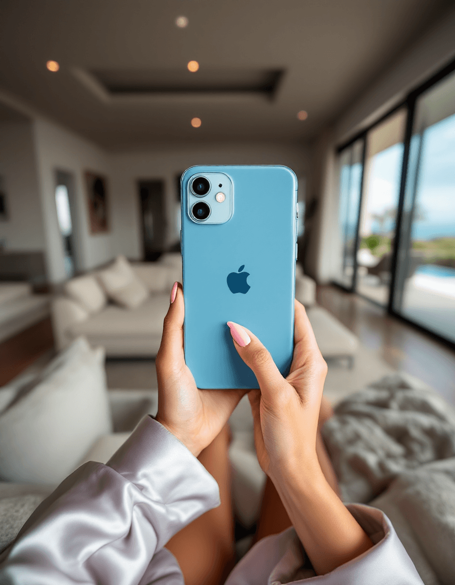 AI generated: First person POV, the hand of a woman holding a blue iPhone 14, light pink fingernails, wearing a sh...