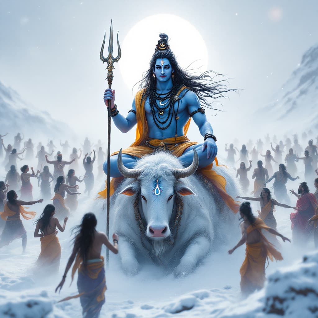 AI generated: 
Lord Shiva, in his majestic attire, is seated atop Nandi, his divine bull, in the middle of a vast ...