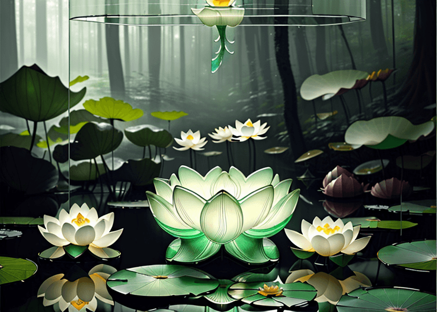 AI generated: realistic glasssculpture of a lotus flower translucent, transparent, detailed forest background,  re...