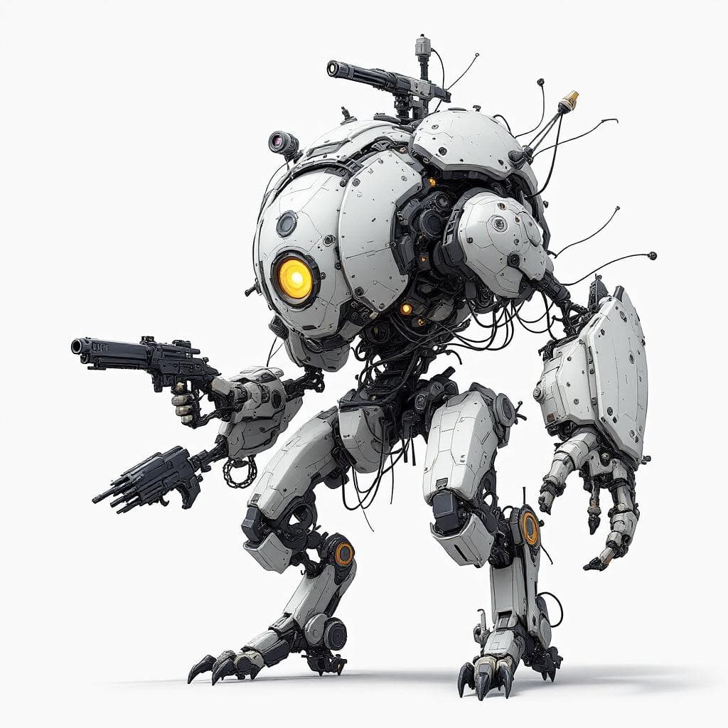 AI generated: generate a concept image for a spherical robot like species that can attach and detatch tools and we...