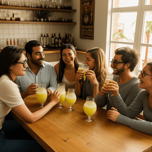 AI generated: A group of happy and relaxed friends drinking pisco sour in glasses inside the house, with warm over...