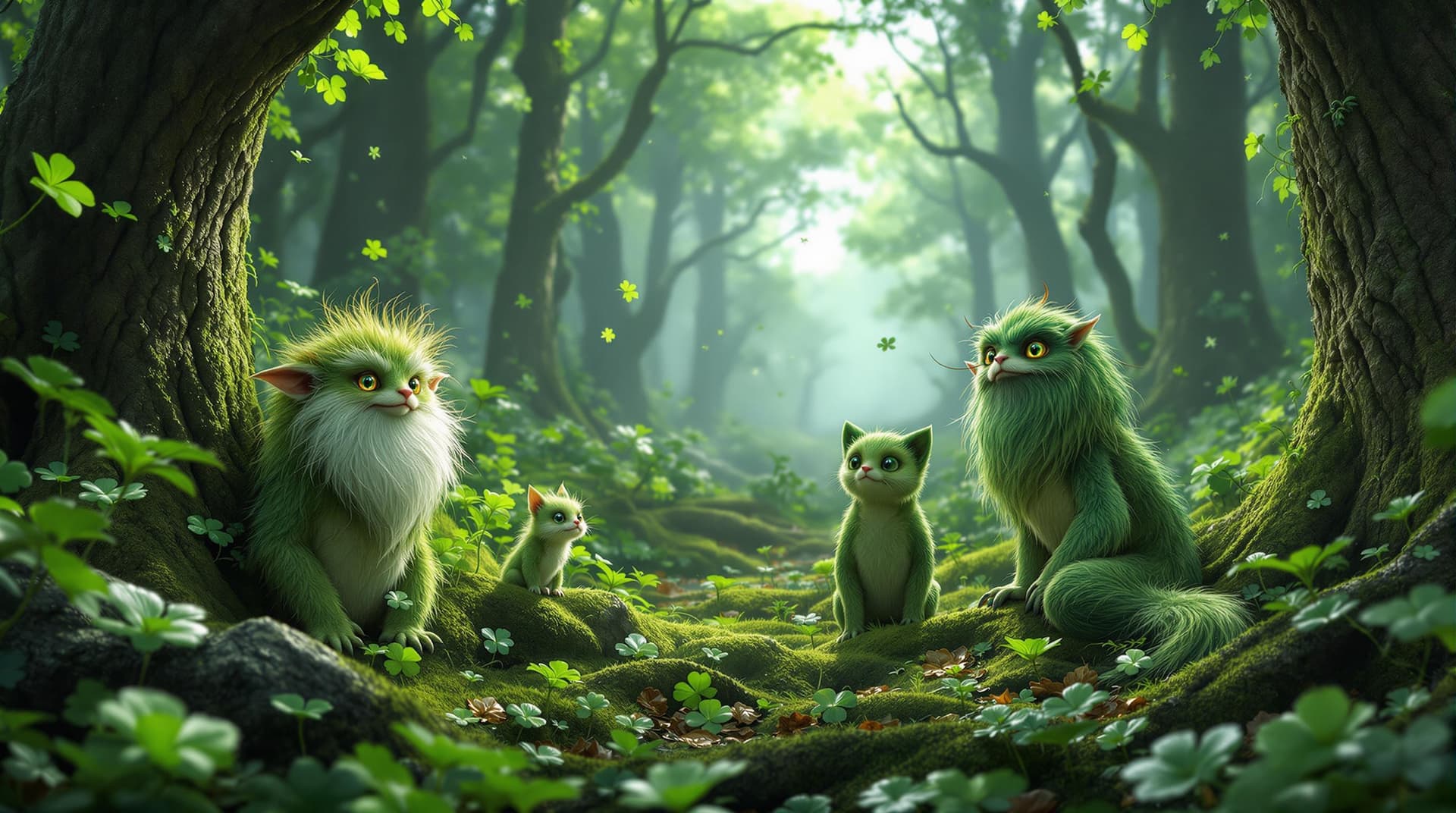 AI generated:  scenery, in the forest on St. Patrick's Day celebrations featuring mythical fantasy creatures of Ir...
