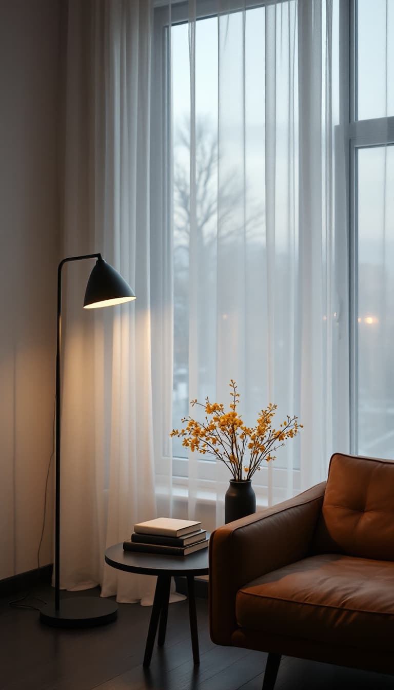 AI generated: photography, minimalist, aerial shot, apartment living room, minimal design floor stand lamp, minima...