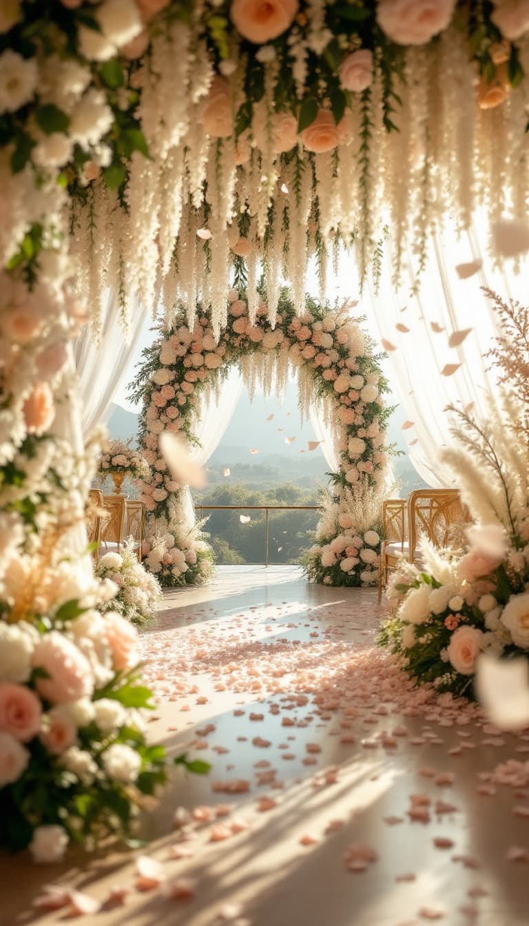 AI generated: Floral Garlands and Decor
A sweeping view of the wedding venue shows the lush floral garlands draped...