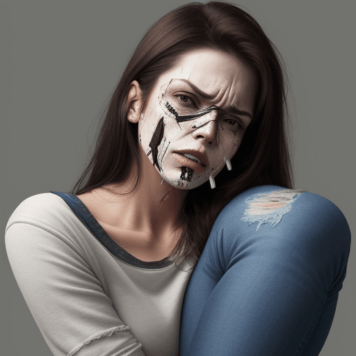 AI generated: a woman wearing jeans with lot of pain on the face