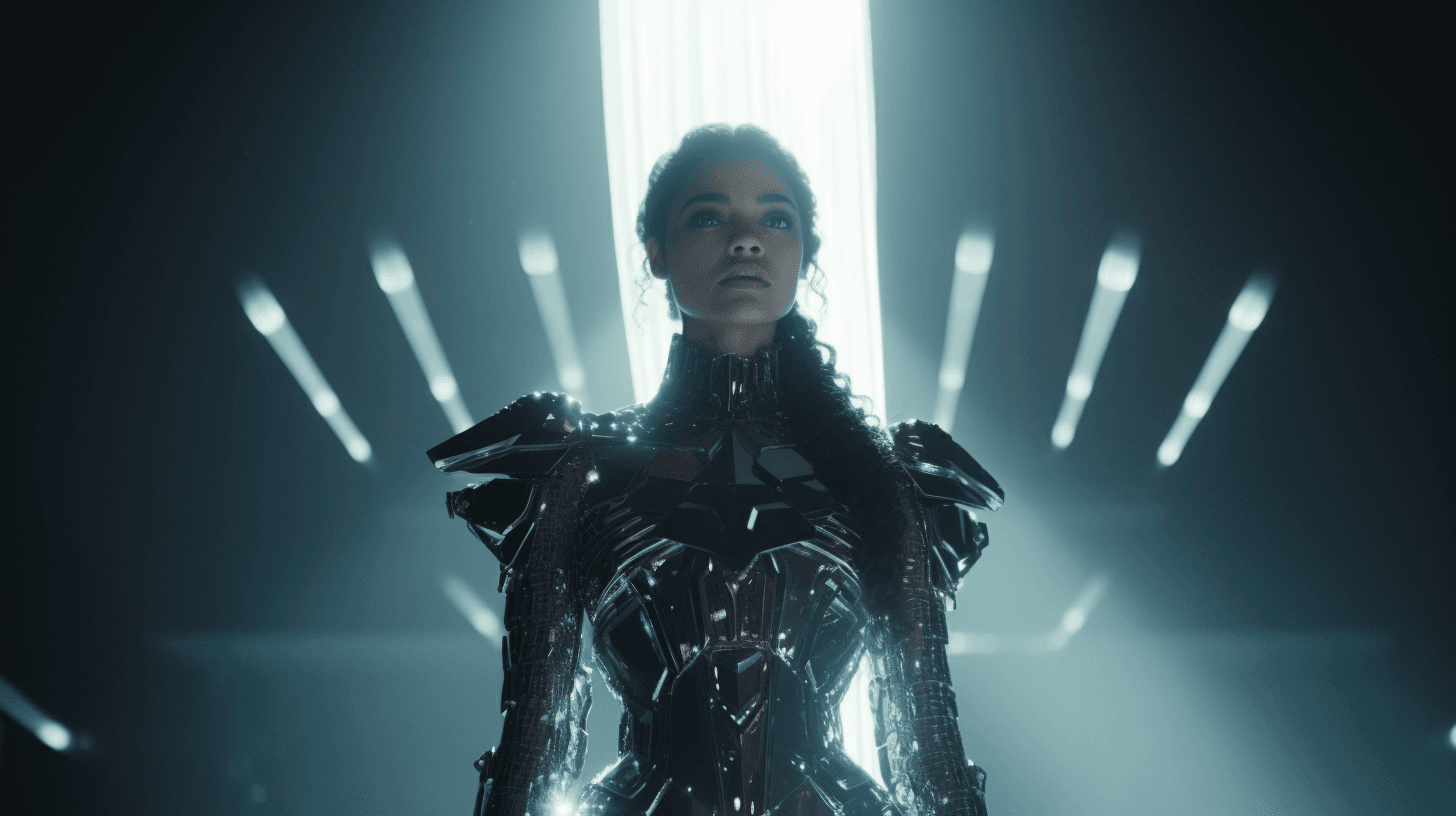 AI generated: tessa thompson as a cybernetic queen, 16-35mm lens, f/1.8, global illumination, natural light, uplig...