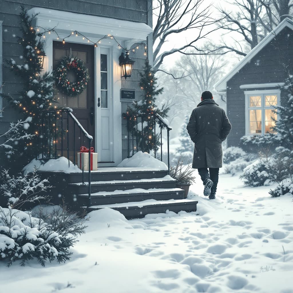 AI generated: Create a heartwarming Christmas scene featuring a humble front porch with a small, neatly wrapped gi...