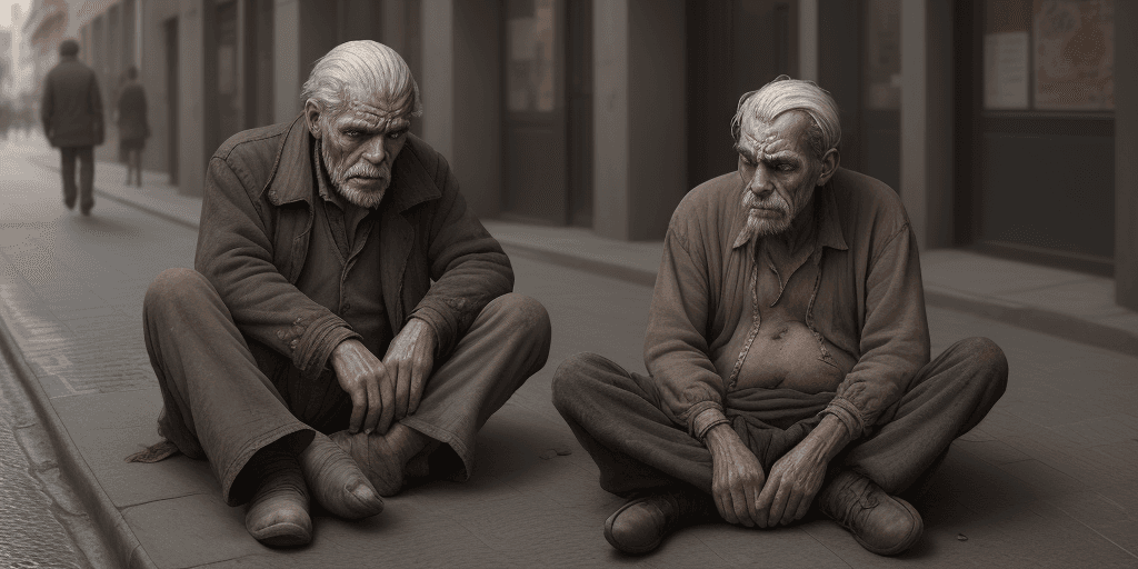AI generated: 
sad man, old time, poor, sick, with sores on his body, sitting on the street, with his angry wife, ...