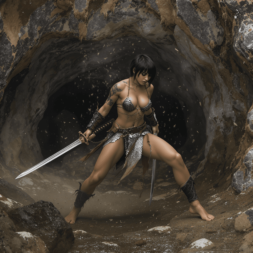 AI generated: A full body view of a (((barefoot))) Female Warrior, killing several little demons in grotto. extrem...