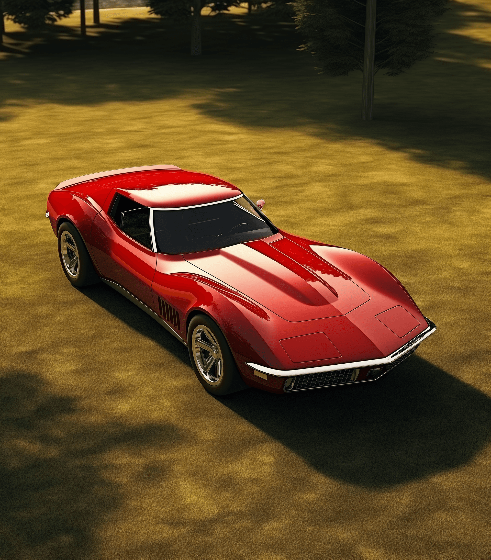 AI generated: a red corvette concept car from the mid-70's, on an empty grassy field, with a shadow of trees in ba...