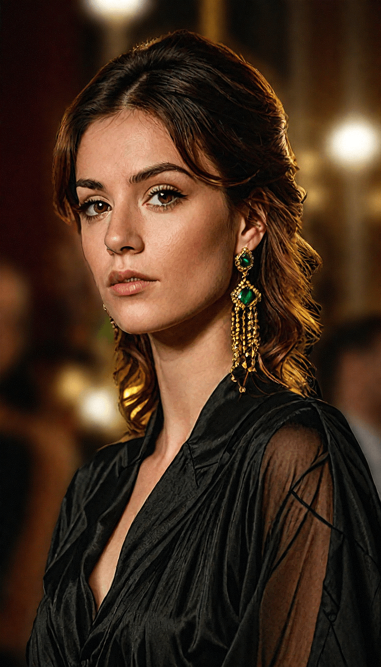 AI generated: A sophisticated portrait of a young beautiful girl. Her hair is a casual updo with strands gently fa...
