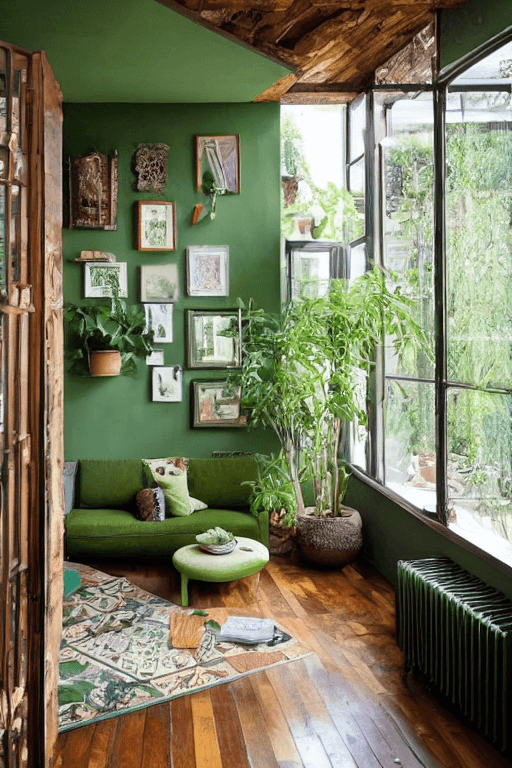 AI generated: high resolution photography interior design, wooden floor, small windows opening onto the garden, ec...