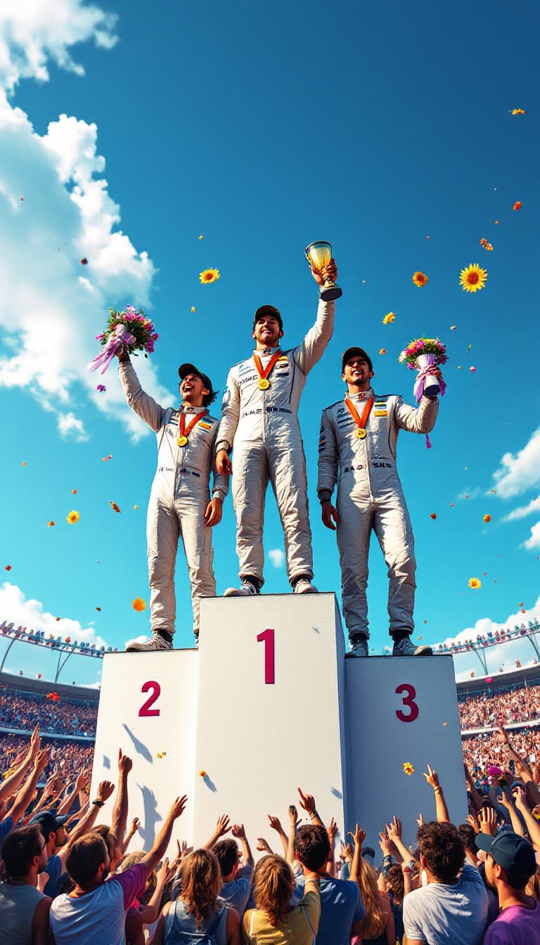 AI generated: Summer.      There are 3 racing drivers standing on the Pedestal. The winner stands at the highest l...