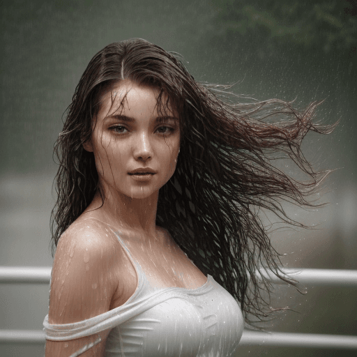 AI generated: A beautiful lady looking at the camera while dancing in heavy rain, with her face and body completel...