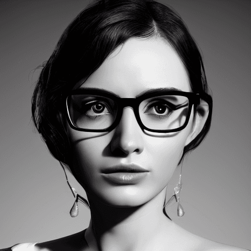 AI generated: Hollywood  b/w close-up portrait of a beautiful elegant stylish woman wearing glasses, symmetrical f...