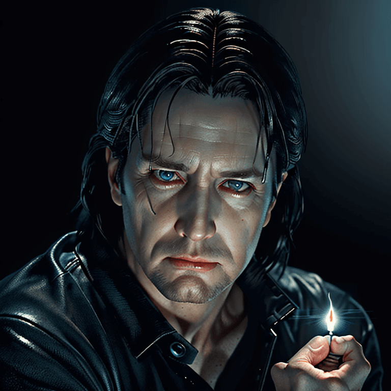 AI generated: Photo portrait of an ultra realistic creepy alan wake 2, holding a light, ultra hyper realistic, pho...
