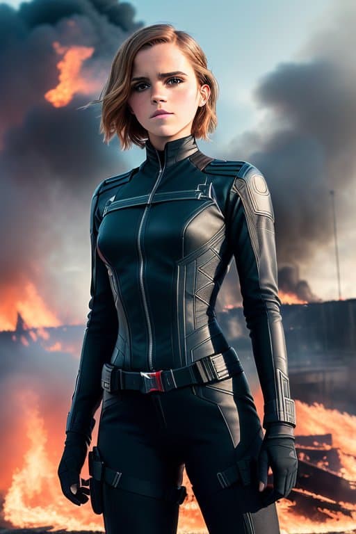 AI generated: full body photo of Emma Watson as Black Widow, film still, black leather outfit, building burning in...