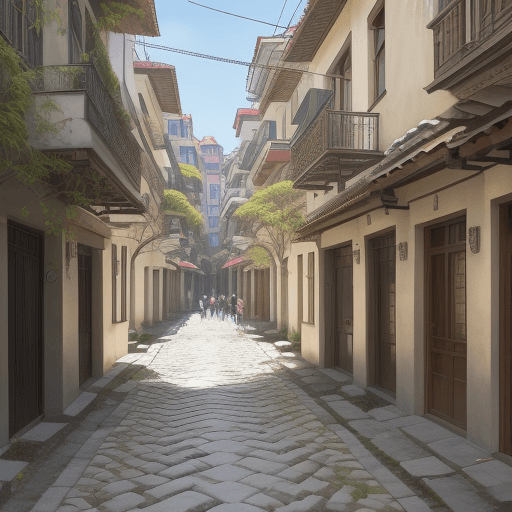 AI generated:  urban, houses only on columns, street level has no walls, nature, plants, big trees appearing on th...