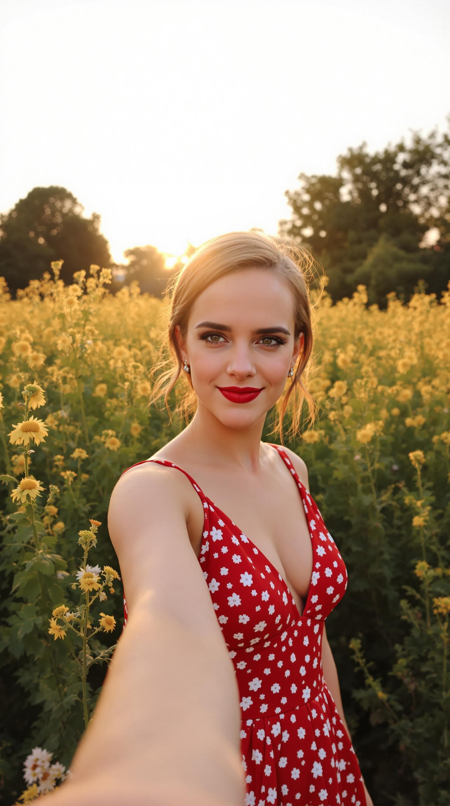 AI generated: A photo of Emma Watson wearing a low-cut red summer dress. Graden background around 5pm. Looking and...