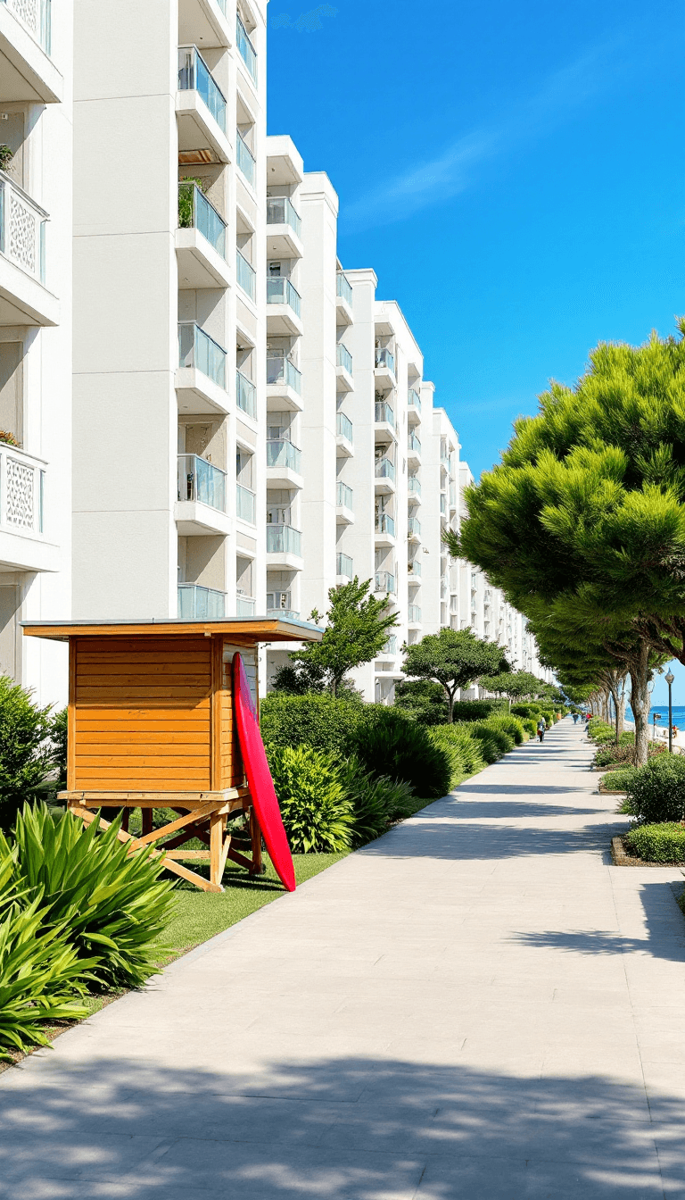 AI generated: A high-quality vertical composition of a peaceful promenade by the sea. The clean design of light-co...