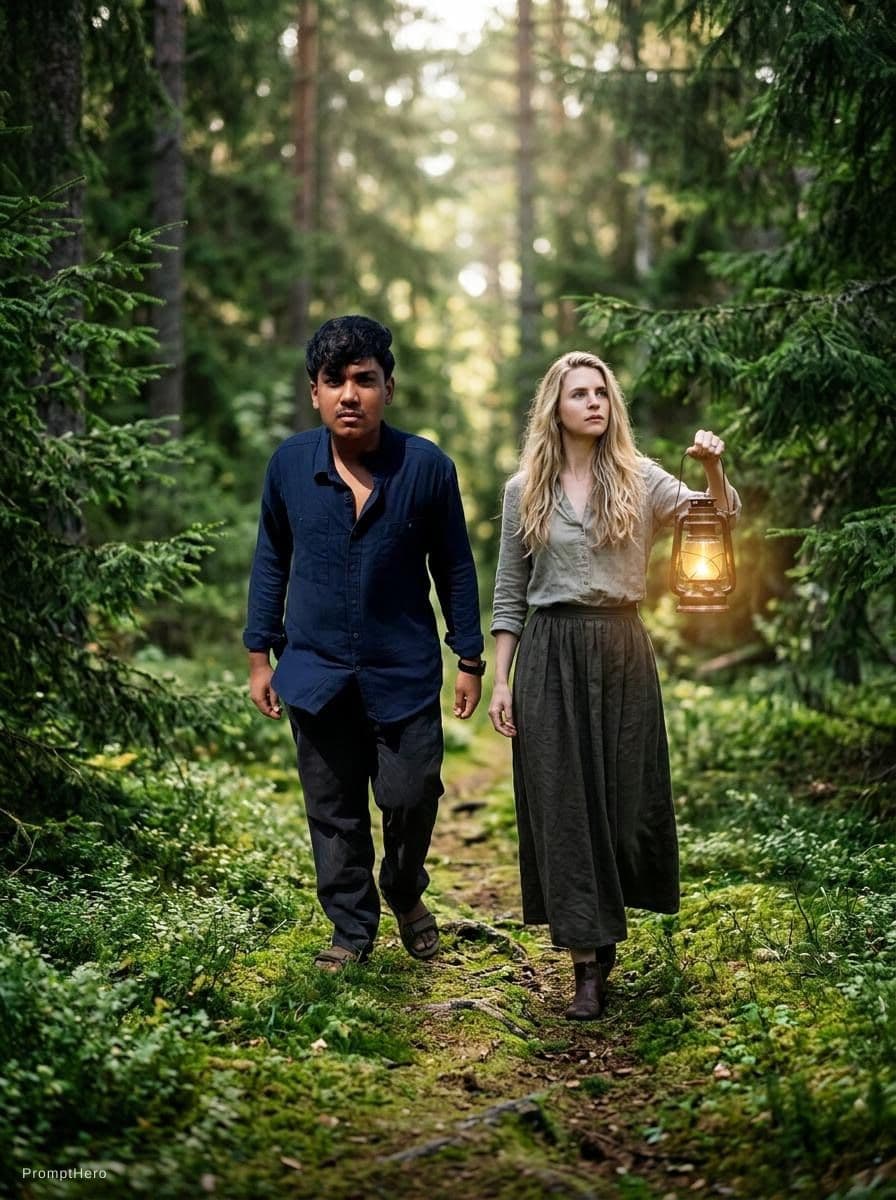 AI generated: a man walking through a lush green field, vogue fashion photo, same dress, beautiful swedish forest ...