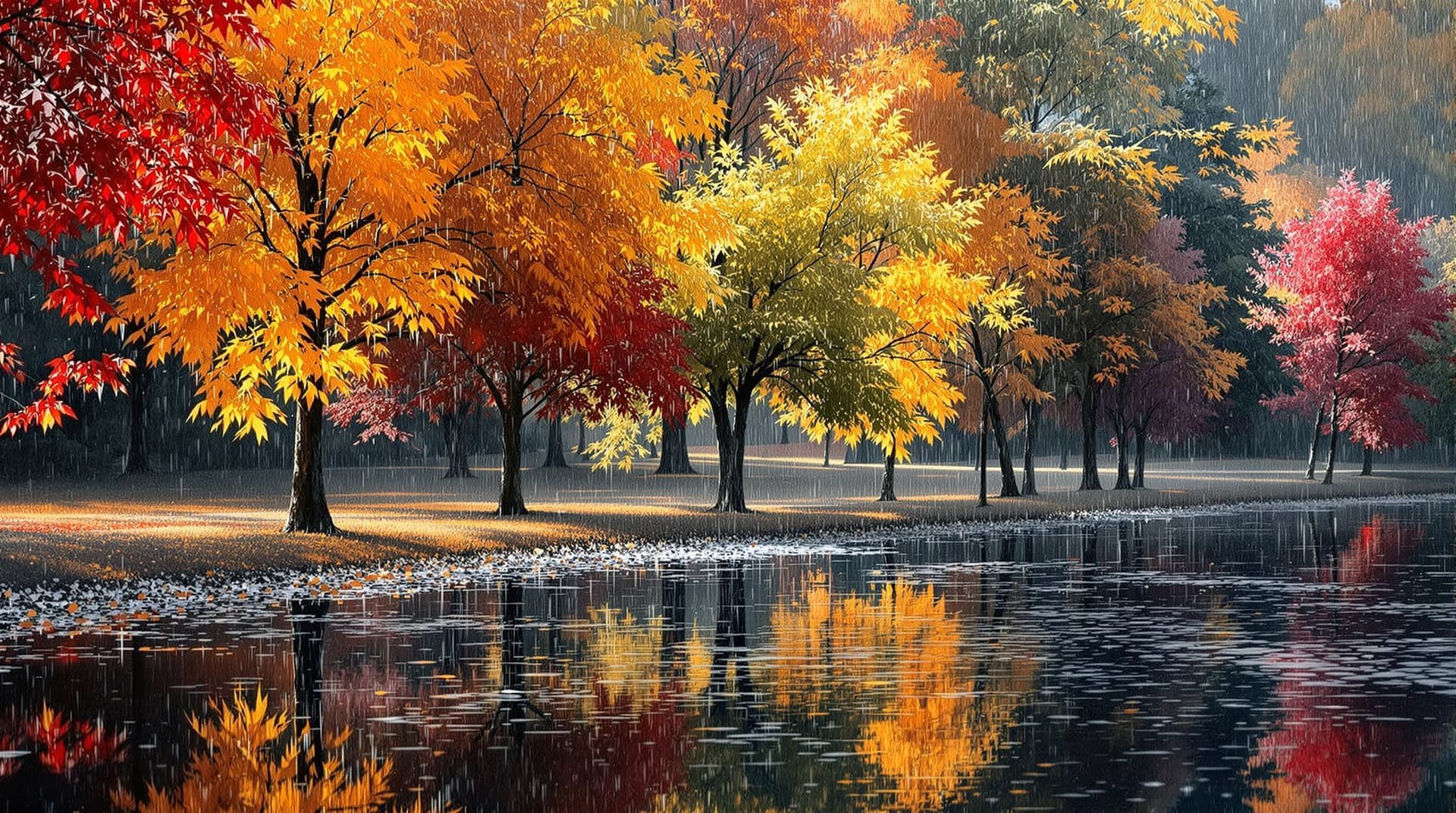 AI generated:  In a picturesque macro close up scene,depicted in terry redlin style, mixed autumn trees stand tall...