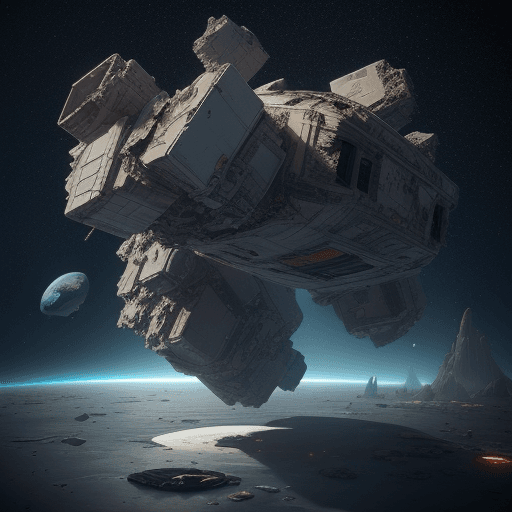 AI generated: Spaceship wreckage, block shaped, remove round corners, floating in space, remove planets, nebulae, ...
